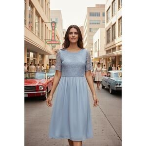Vintage Miss Elliette Midi Dress Icy Blue chiffon/Lace 1960’s Short Sleeve